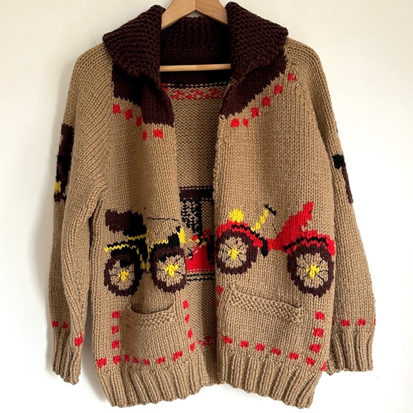 Vintage Cowichan Wool Knit Zip Cardigan Sweater Coat Retro Car Pattern 60s - Picture 2 of 10